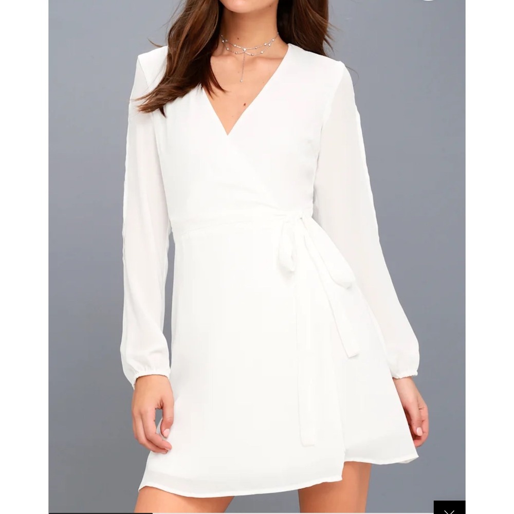 Lulus White Long Sleeve Wrap Mini Dress V-Neck Split Sleeve Small